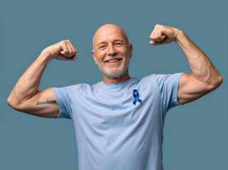 Fototapeta premium Cheerful senior man flexing both arms with survivor tattoo. Happy bald male with blue awareness ribbon. Strength and recovery concept for World Cancer Day. Copy space