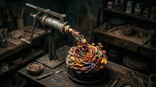 Vintage sausage stuffer machine extruding a vibrant cluster of colorful mushrooms onto a dish, symbolizing creativity, alchemy, and fungal art in a rustic workshop setting