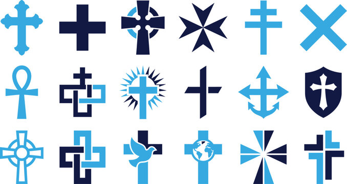 Collection of Christian and religious cross symbols flat icons.