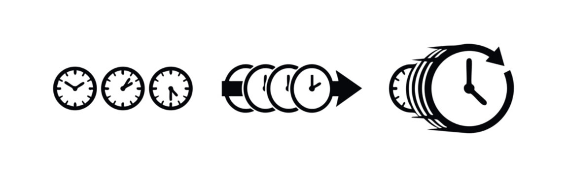 Set of minimalist black and white time management icons representing clock cycles, fast speed, and chronological progression on a white background.