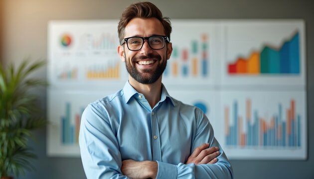 Smiling man with glasses and crossed arms stands before wall charts showing business growth and data analysis. Confident professional in office. Success, strategy, and planning.