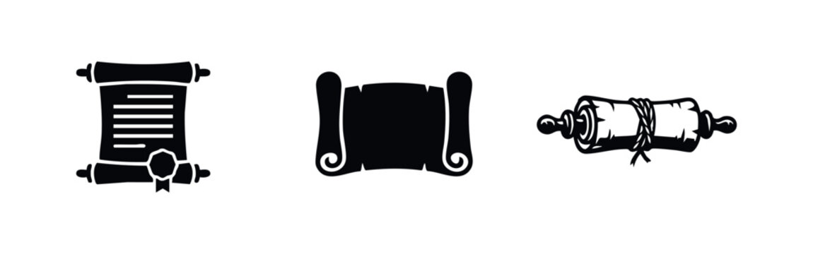 Collection of three black scroll icons featuring a formal diploma with seal, a blank open parchment, and a tied ancient manuscript on white.