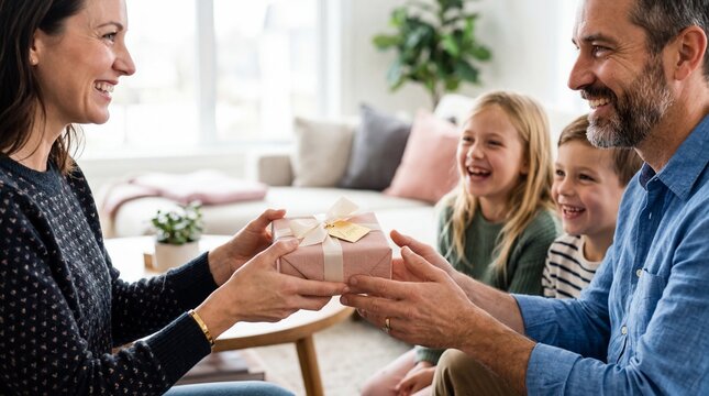 A happy family celebrating a special occasion with a gift exchange at home.