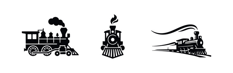 Set of vintage steam engine silhouettes. Minimalist black icons of classic locomotives in side, front, and perspective views on a white background. © Lili