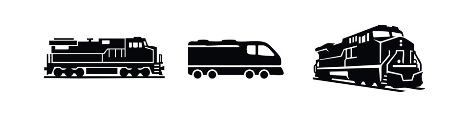 Set of three black locomotive silhouettes featuring freight and modern trains, isolated on white for transportation and logistics design projects. © Lili