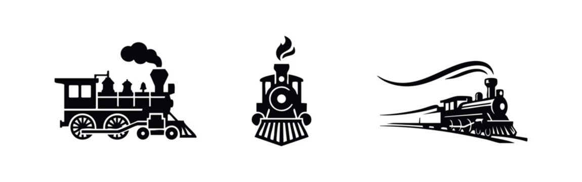 Set of vintage steam engine silhouettes. Minimalist black icons of classic locomotives in side, front, and perspective views on a white background.
