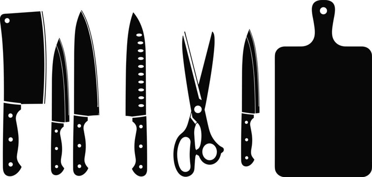 Kitchen knife silhouette icon illustration, chef tool artwork, cutting board design, cooking utensil graphic, food preparation symbol