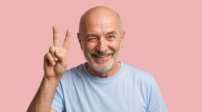 Happy senior bald man showing peace sign and winking. Cheerful older male making victory gesture on pink background. National Cancer Survivors Day