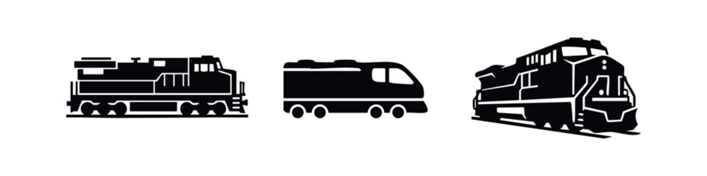 Set of three black locomotive silhouettes featuring freight and modern trains, isolated on white for transportation and logistics design projects.