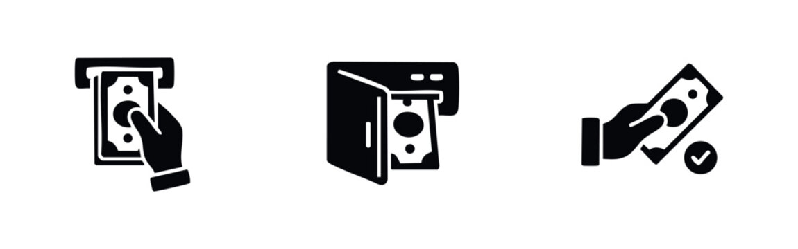 Collection of black solid icons for banking and finance, including cash withdrawal, money in a safe, and successful payment confirmation.