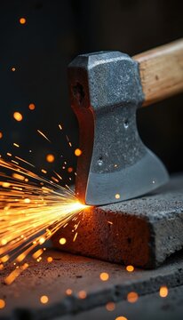 Close view of axe blade being sharpened on stone. Orange sparks fly from metal edge during manual work. Tool maintenance process in workshop.