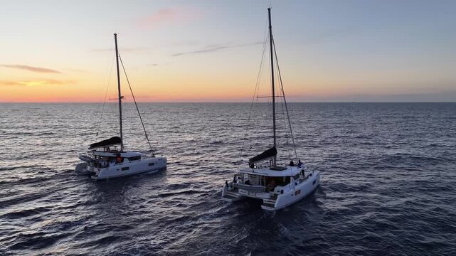 Aerial orbit of two catamarans at sunset near Stromboli volcano Lipari Islands