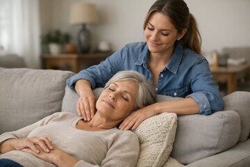 Fototapeta premium Young woman provides gentle neck and shoulder massage to an older woman resting on a cozy sofa
