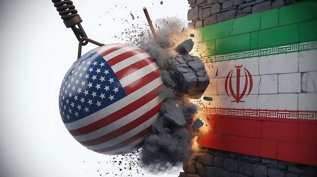 Wrecking ball with US flag destroys wall with Iran flag, symbolizing conflict, isolated on transparent background