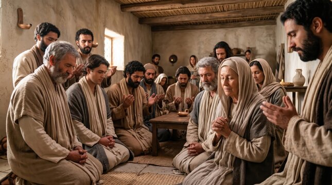 Group of disciples, men and women gathered for prayer in an old house. Early Christian community in an upper room. Pentecost event and biblical scene inspired by Acts of the Apostles.