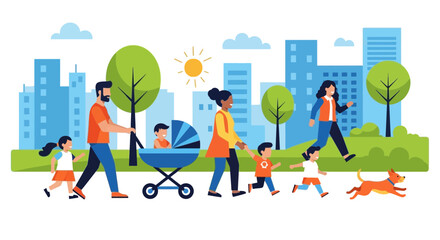 Fototapeta premium Illustration Of Families Enjoying A Sunny Day Outdoors In A City Park Together