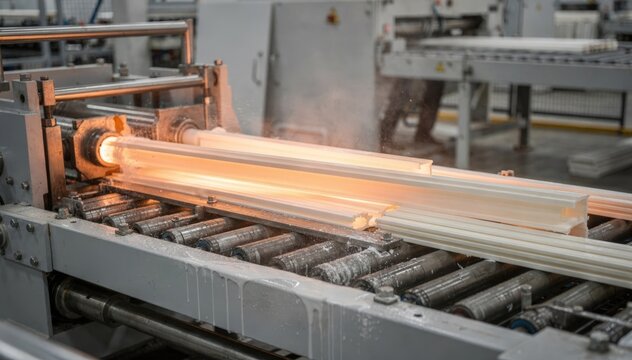Medium shot of a continuous plastic extrusion line producing durable window frames showcasing the steady flow of molten material being shaped and cooled on the conveyor belt.