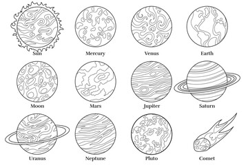 Planets of the solar system contour vector stylized illustration on a white background. Children's educational coloring page that can be printed for space study and classes © Euler