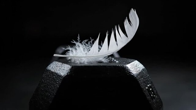 White feather resting on black heavy metal surface with dark background contrast concept