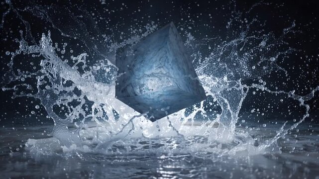 product box in liquid splash with frozen motion and dynamic droplets, dramatic studio lighting for commercial presentation