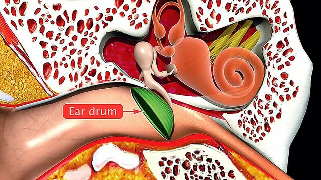 3D animation showing inner ear anatomy with cochlea and vestibular system for hearing and balance.