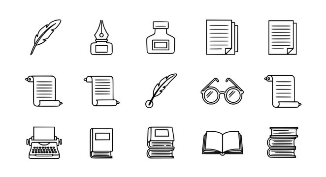 Poetry and literature line art vector collection with quill paper books typewriter icons isolated on white