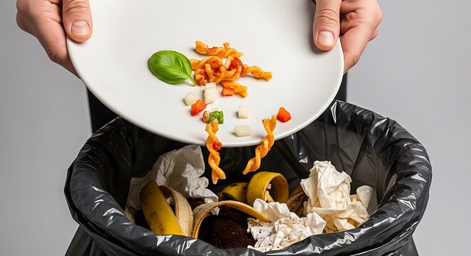 Hands throwing food into a black trash can with a plate