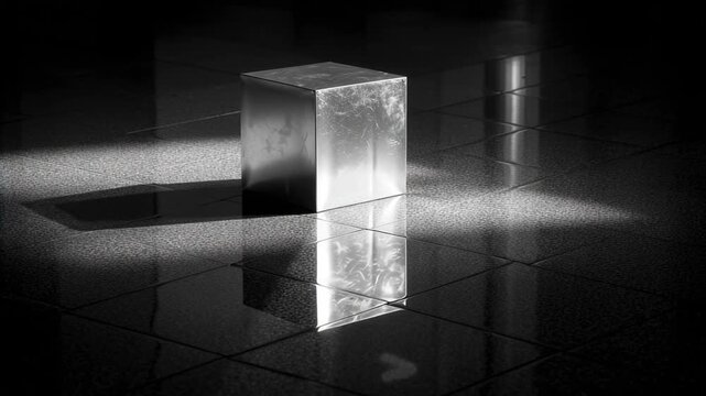 Minimal box on reflective floor with mirror reflections creating clean modern product scene with symmetry and glossy surface