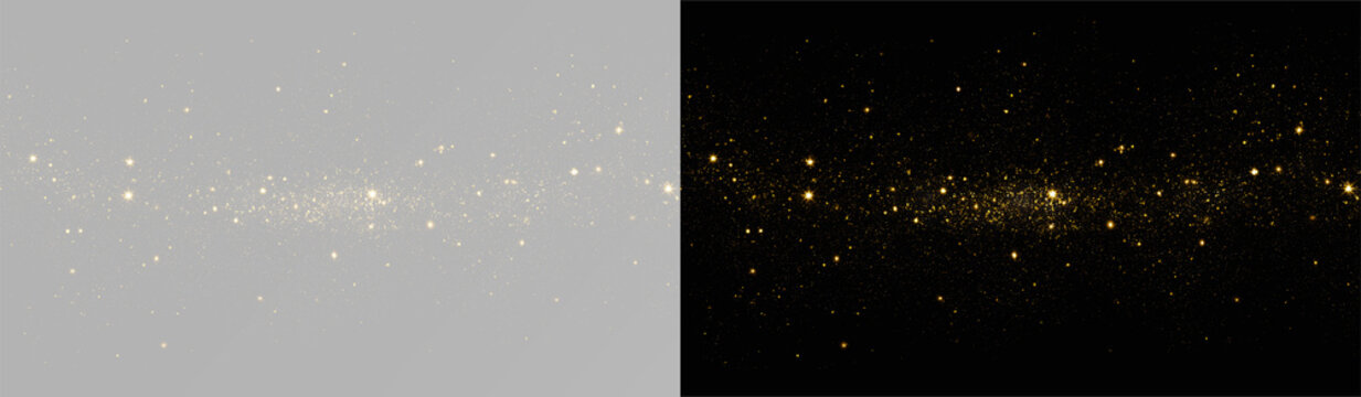 Golden glitter dust horizontal overlay. Isolated sparkling particles on transparent background 