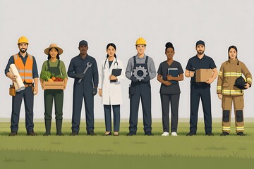 Obraz premium Diverse Group of Professionals in Uniforms Standing Together, Representing Various Occupations and Industries
