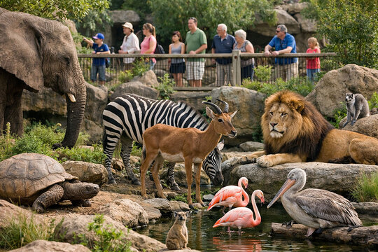 Diverse wildlife animals and tourists watching at zoo exhibit