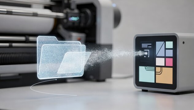 Focused medium view of a digital file being sent wirelessly to a micro print hub showcasing interactive screens and a blurred printer spool in the background.