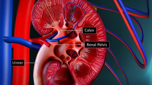3D animation showing calyx, renal pelvis, and ureter in kidney urine drainage pathway.