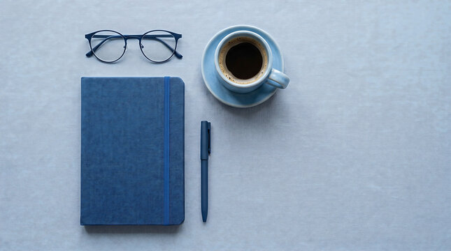 Minimalist flat lay workspace featuring a blue notebook, pen, eyeglasses, and coffee cup arranged neatly on a light textured surface. Clean composition with copy space, ideal for productivity