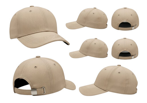 Beige baseball cap in various views, isolated on transparent background, showing front, back, and side angles, adjustable strap