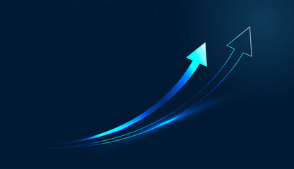 Two glowing blue curves culminate in an arrow pointing upward, symbolizing exponential digital finance growth. with the business graphic features a sharp upward © Paradox-D