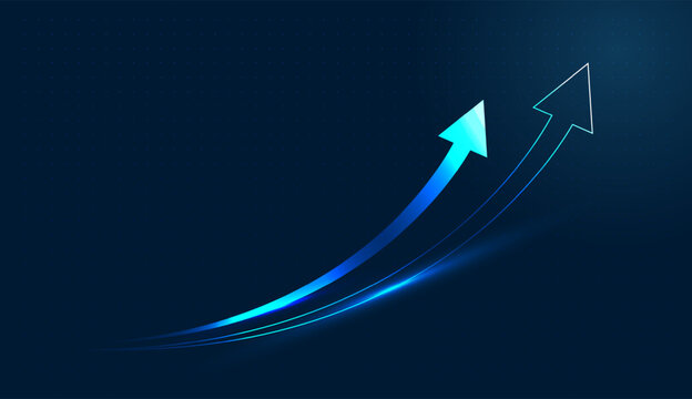 Two glowing blue curves culminate in an arrow pointing upward, symbolizing exponential digital finance growth. with the business graphic features a sharp upward