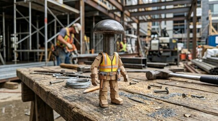 Fototapeta premium Paper craft worker figurine with a metal bolt head representing the construction industry stands on a wooden workbench at an active building site, symbolizing teamwork and hard work