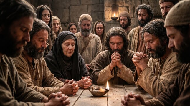 Apostles and women praying together in an upper room. Group of early Christians gathered for solemn prayer. Biblical scene depicting the gathering of followers awaiting the Holy Spirit.