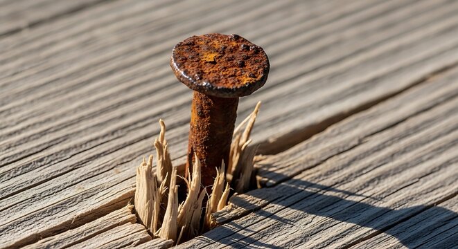 Rusty nail sticking out of weathered wooden deck with splintered wood