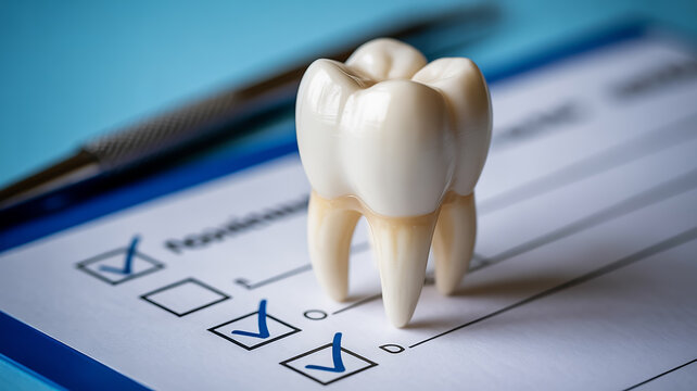 A close-up photograph of a white dental model tooth standing upright on a light blue medical form with checkboxes
