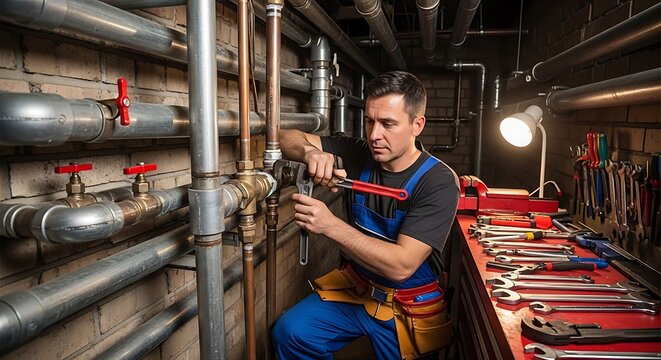 Skilled plumber repairing pipes in industrial workshop for Labor Day