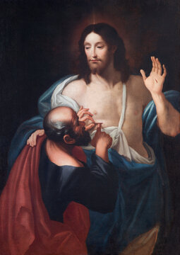 Crema - The painting of Jesus appeart to Thomas in the church Chiesa della Santissima Trinita by unknown artist of 18. cent.