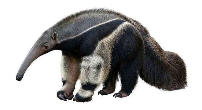 Giant anteater walking on transparent background with long snout and distinctive markings on fur, isolated on transparent background