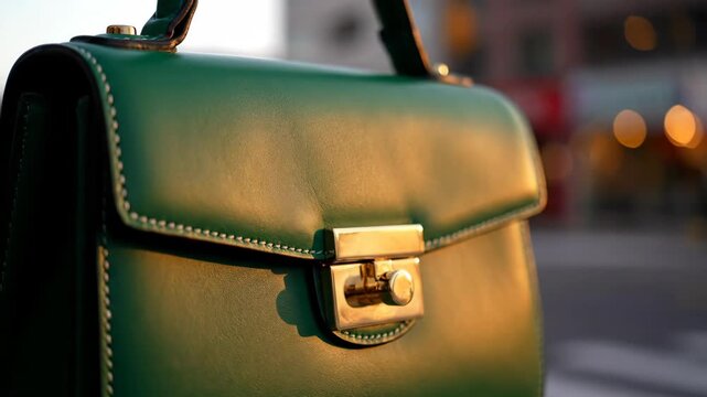 Stylish green leather handbag with golden clasp outdoor close up