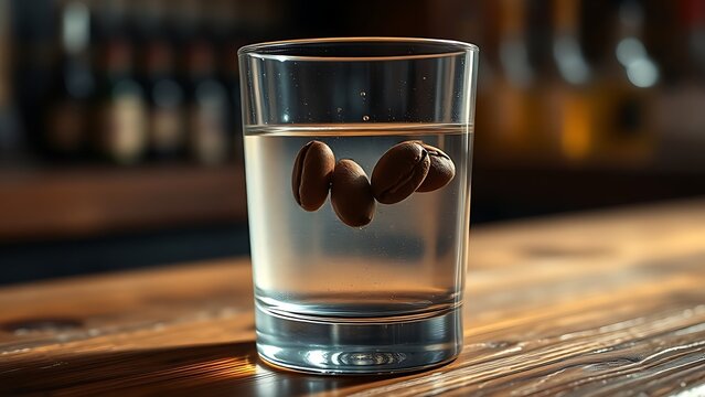 sambuca. Three coffee beans floating in sambuca on a rustic wooden bar. bar promotions, beverage menus, designed for product packaging and bar promotions, used by e-commerce operators.