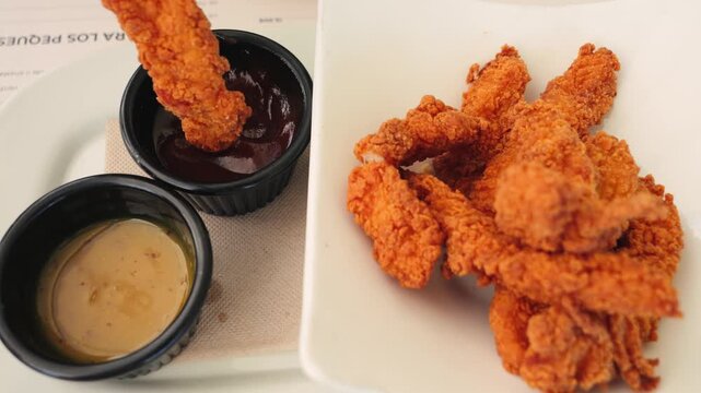 A close-up of crispy chicken nuggets served on a table with homemade sauces, including mustard and BBQ. A hand picks up a nugget and dips it into the sauce, highlighting rich texture, golden crust