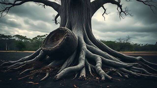 accuser. A large uprooted tree with exposed roots after a storm, dramatic natural scene. ESG reports, sustainability campaigns, designed for environmental awareness campaigns, used by professors.