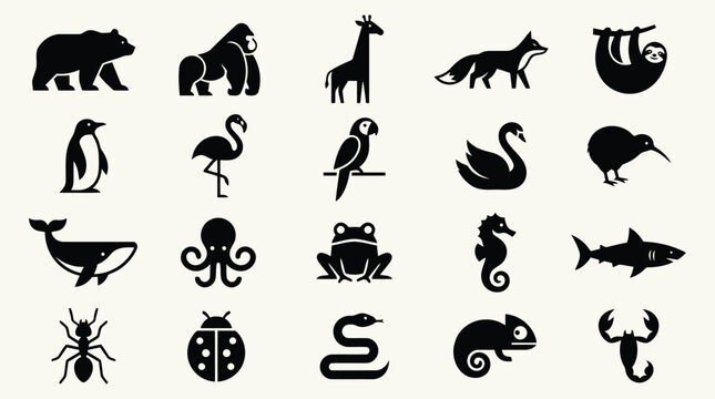 Diverse animal icons silhouette collection for nature and wildlife.