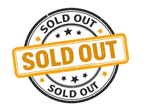 A circular stamp with "SOLD OUT" text, stars, and a rectangular banner also with "SOLD OUT." The design is in orange and black
